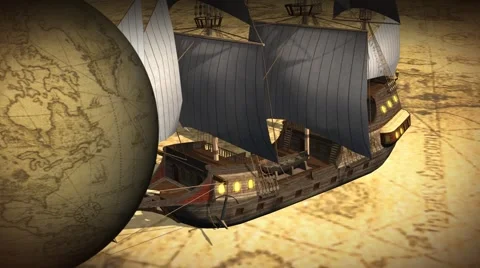 Vintage Rotating Globe And Map Of The World with old sailing ship Stock Footage 41421216