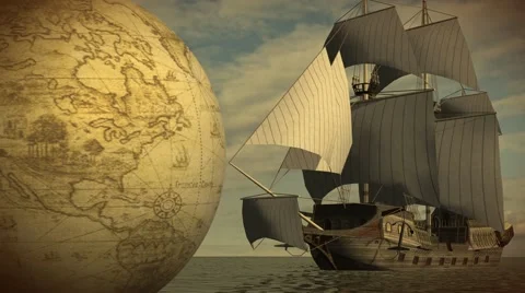 Vintage Rotating Globe  with old sailing ship Stock Footage 41421161