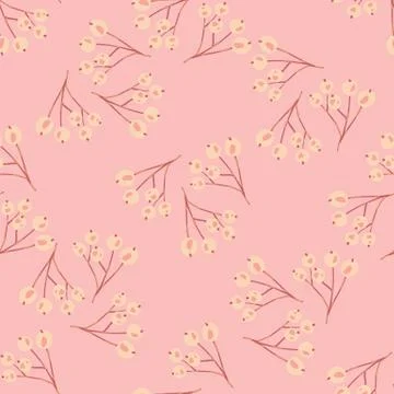 Vintage rowan berries seamless pattern on pink background. Botanical wallpape Stock Illustration