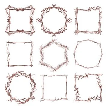 Vintage rustic branch frame borders, hand drawn vector set Stock Illustration