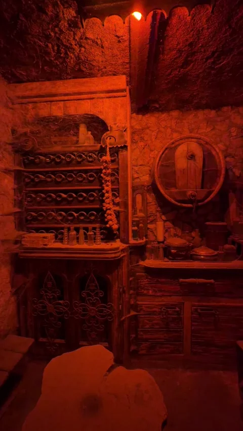 Vintage rustic kitchen interior with wooden shelves, jars, and utensils Stock Footage 344345629