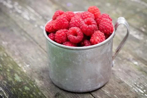 Vintage rustic mug full of raspberry berries on wooden table. Stock Photos