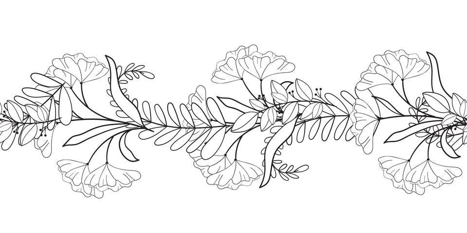 Vintage rustic seamless pattern border with floral motif. Flowers black and 스톡 일러스트