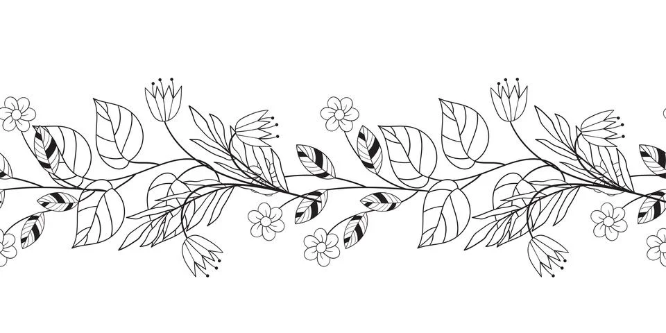 Vintage rustic seamless pattern border with floral motif. Flowers black and w Illustrazione stock