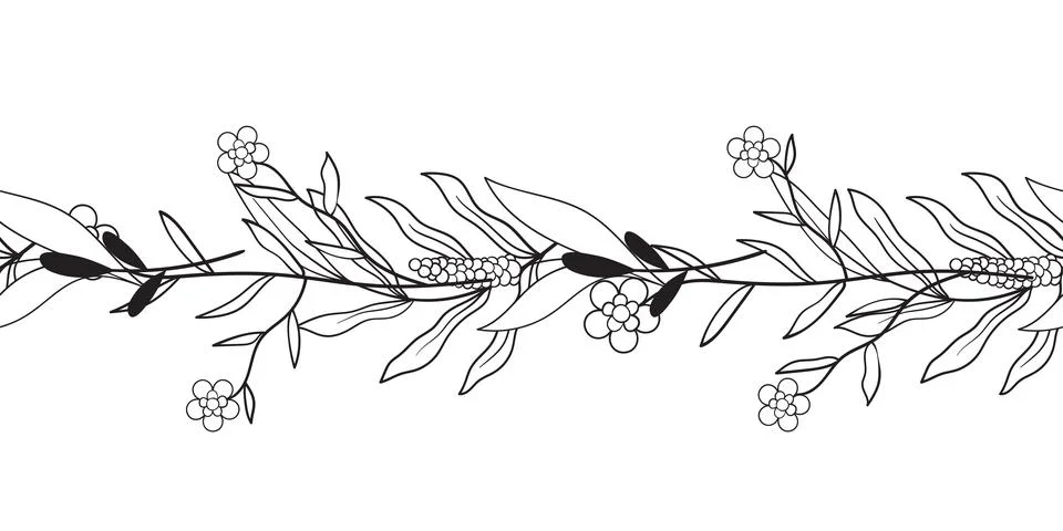 Vintage rustic seamless pattern border with floral motif. Flowers black and Stock Illustration