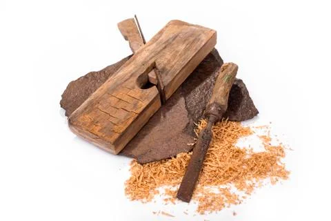 Vintage rusty plane and chisel on a white Stock Photos