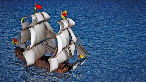 Vintage sailing ship at the sea under clear sky. 3D illustration Stock Illustration