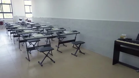 Vintage School Desks at an Empty Classroom in a Public School of Argentina Stock Footage 256720833
