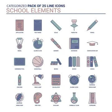 Vintage School Elements Icon set - 25 Flat Line icon set Illustrazione stock