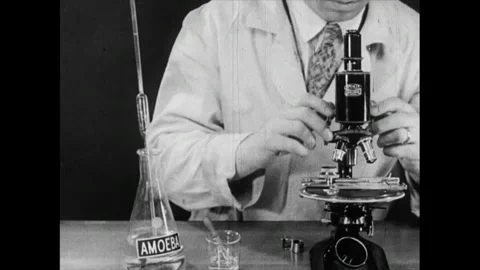Vintage Scientist looking at Amoeba under microscope Circa 1945 Stock Footage 287344705
