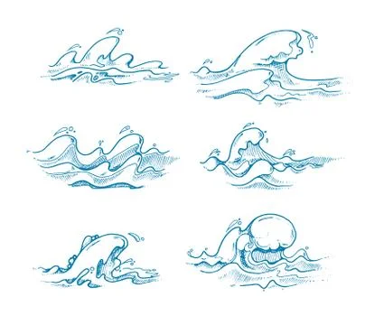 Vintage sea waves vector set in hand drawn, sketch, doodle style Stock Illustration