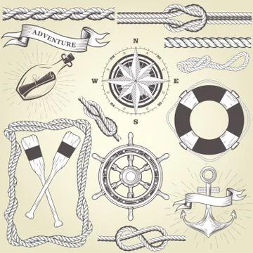 Vintage seafaring elements - steering wheel, oars, rope frame and knots Stock Illustration