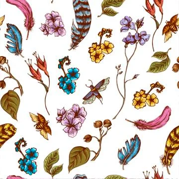 Vintage seamless background with flowers, beetles and feathers Stock Illustration
