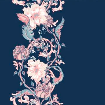 Vintage seamless border with blooming magnolias, roses and twigs Stock Illustration