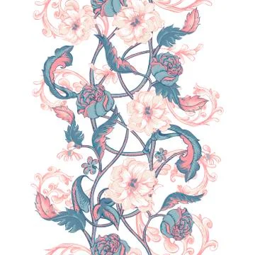 Vintage seamless border with blooming magnolias, roses and twigs Stock Illustration