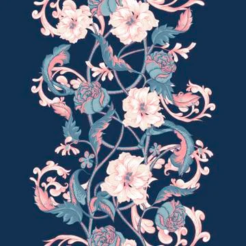 Vintage seamless border with blooming magnolias, roses and twigs Stock Illustration