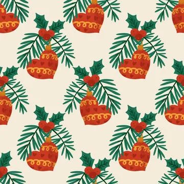 Vintage Seamless Christmas Pattern With Red Heart Baubles Holly Leaves And Green Stock Illustration