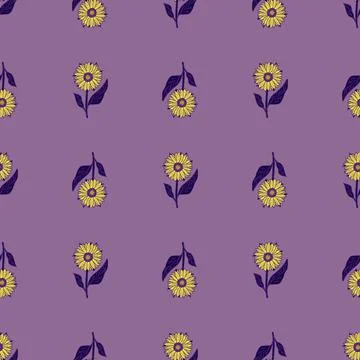 Vintage seamless doodle pattern with yellow sunflower shapes. Purple backgrou Stock Illustration