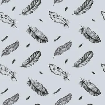 Vintage seamless  graphic pattern with hand-drawn feathers. Flyi Stock Illustration