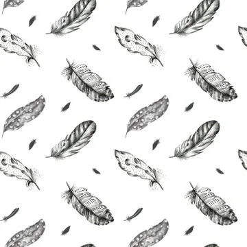 Vintage seamless  graphic pattern with hand-drawn feathers. Flyi Stock Photos