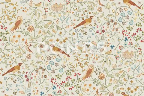 Vintage seamless ornament with birds in foliage and flowers on light beige Stock Illustration