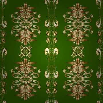 Vintage seamless pattern on a beige, green and brown colors with golden elements Stock Illustration