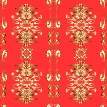 Vintage seamless pattern on a beige, red and brown colors with golden elements. イラスト素材