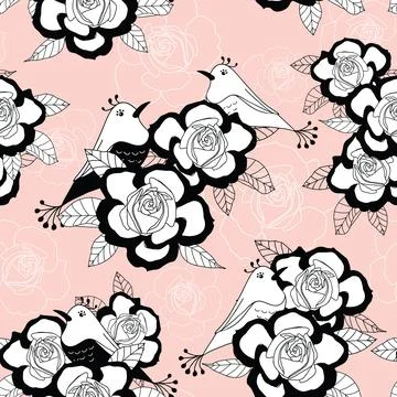 Vintage seamless pattern with black and white roses and birds on pastel pink  Stock Illustration