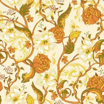Vintage seamless pattern with blooming magnolias, roses and twig Stock Illustration