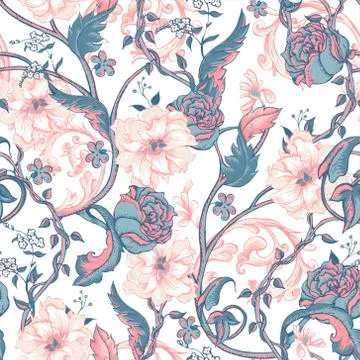 Vintage seamless pattern with blooming magnolias, roses and twig Stock Illustration