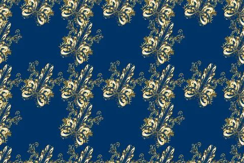 Vintage seamless pattern on a blue, beige and brown colors with golden elements. Stock Illustration