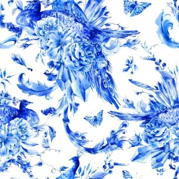 Vintage seamless pattern with blue pair of peacocks Stock Illustration
