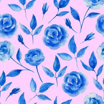 Vintage seamless pattern with blue roses and leaves in shabby chic decorative Stock Illustration