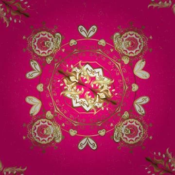 Vintage seamless pattern on a brown and magenta colors with golden elements. Vec Stock Illustration