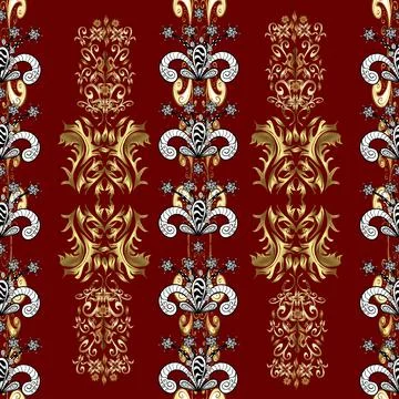 Vintage seamless pattern on a brown, red and white colors with golden elements. Stock Illustration