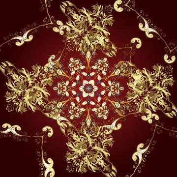 Vintage seamless pattern on a brown, red and yellow colors with golden elements. 库存插图