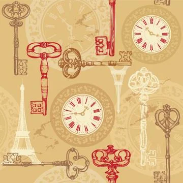 Vintage seamless pattern with clock, keys and eiffel tower Stock Illustration