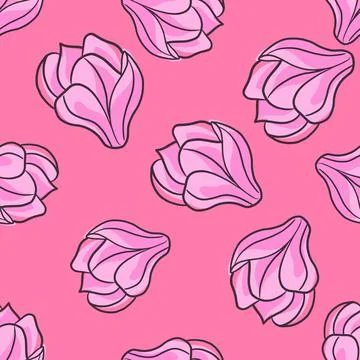 Vintage seamless pattern with contoured magnolia flowers print. Pink colors b Stock Illustration