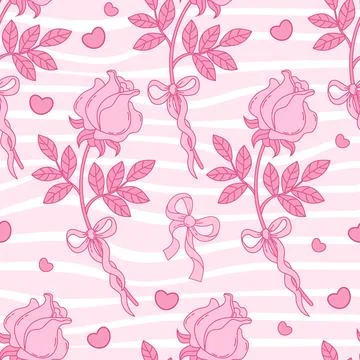 Vintage seamless pattern Coquette Pink Rose with Bow Ribbon on Groovy Disto.. Stock Illustration