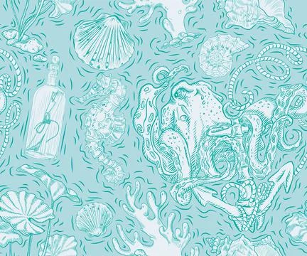 Vintage seamless pattern with coral reef, octopus on a marine theme. Ideal fo Illustrazione stock