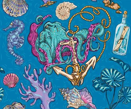 Vintage seamless pattern with coral reef, octopus on a marine theme. Ideal fo Stock Illustration
