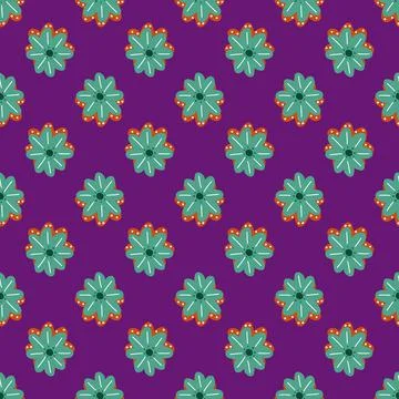 Vintage seamless pattern with decorative turquoise daisy flowers shapes. Purp Stock Illustration