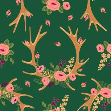 Vintage seamless pattern with deer antlers and flowers Stock Illustration