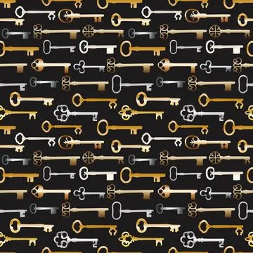 Vintage seamless pattern with different antique keys in gold and silver met.. Illustrazione stock