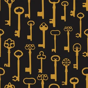 Vintage seamless pattern with different antique keys in gold metal on black.. Illustrazione stock