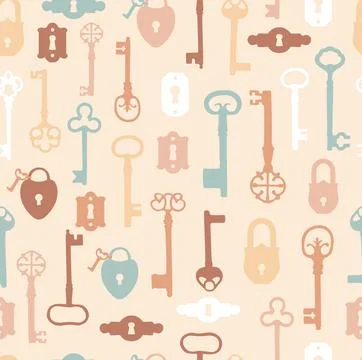 Vintage seamless pattern with different antique keys on pink Illustrazione stock