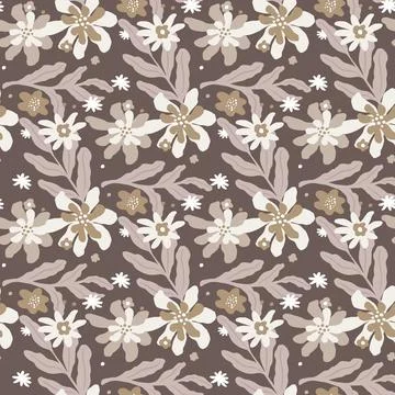 Vintage seamless pattern with doodle hand drawn leaf branches and flowers sil Stock Illustration