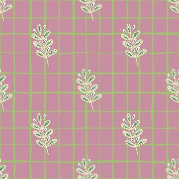 Vintage seamless pattern with doodle white leaf branches shapes. Pink chequer Stock Illustration