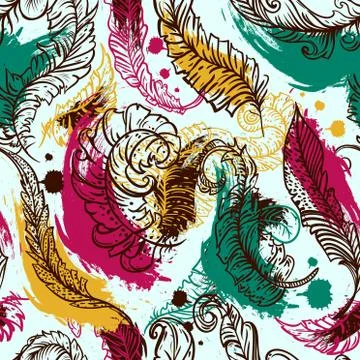 Vintage seamless pattern with feathers and grunge splashes Stock Illustration