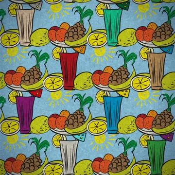 Vintage seamless pattern of fruit and cocktails Stock Illustration